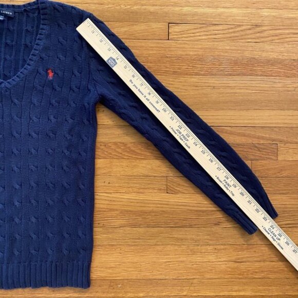 Vtg Ralph Lauren Sweater Womens Medium Navy Cable Knit V Neck Red Pony Pullover - Picture 6 of 10